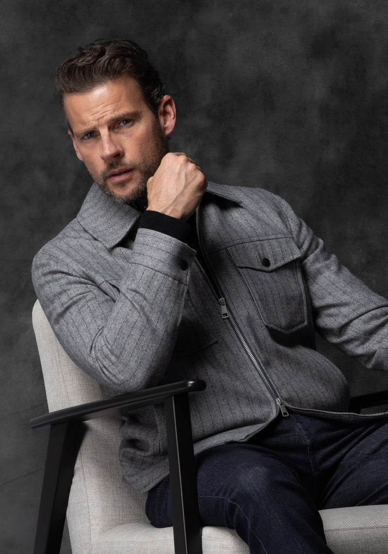 Cloud Grey Stripe Wool-Blend Bomber Jacket