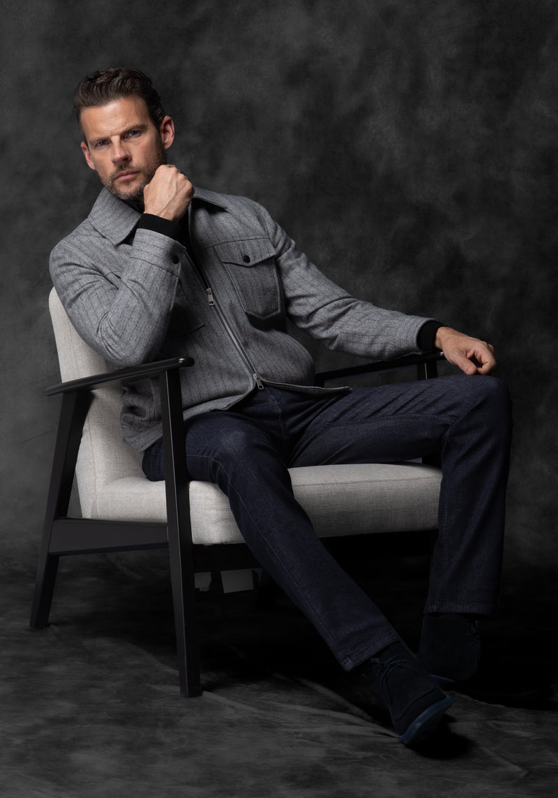 Cloud Grey Stripe Wool-Blend Bomber Jacket