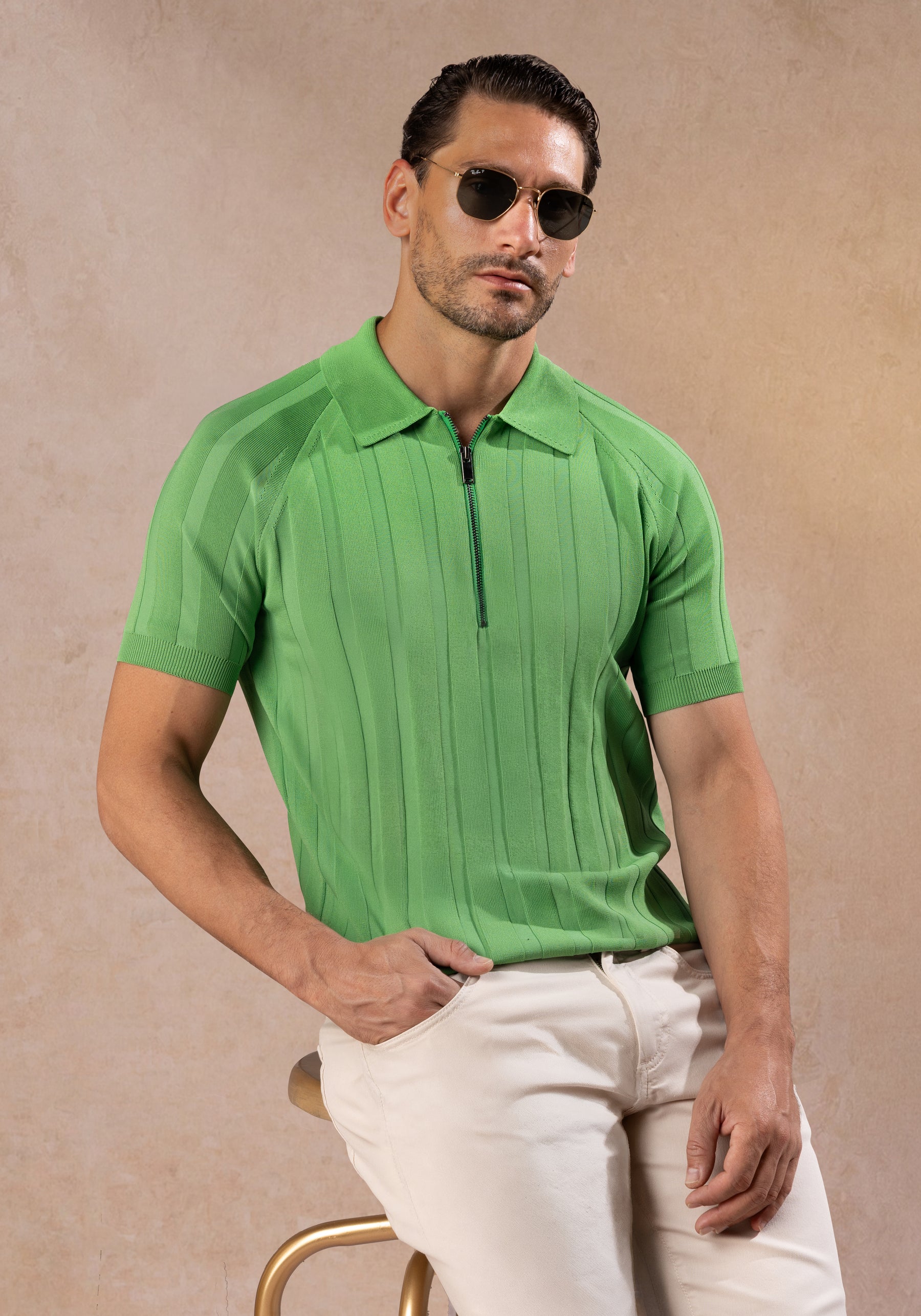 Leaf Green Polyamide Knitted Polo Shirt