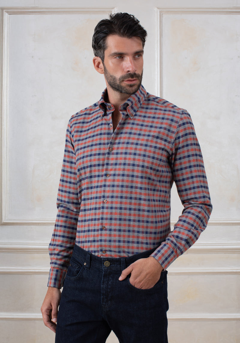 Rust Orange Navy Checked Flannel Shirt
