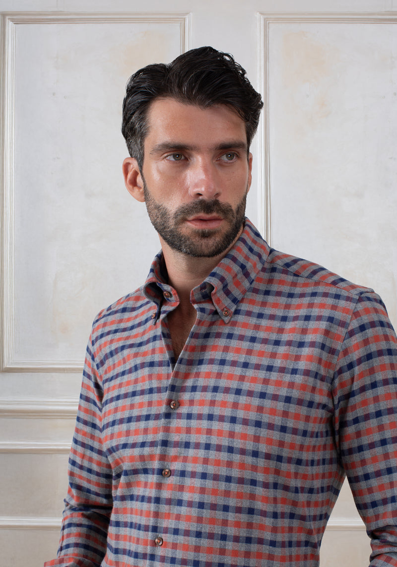 Rust Orange Navy Checked Flannel Shirt