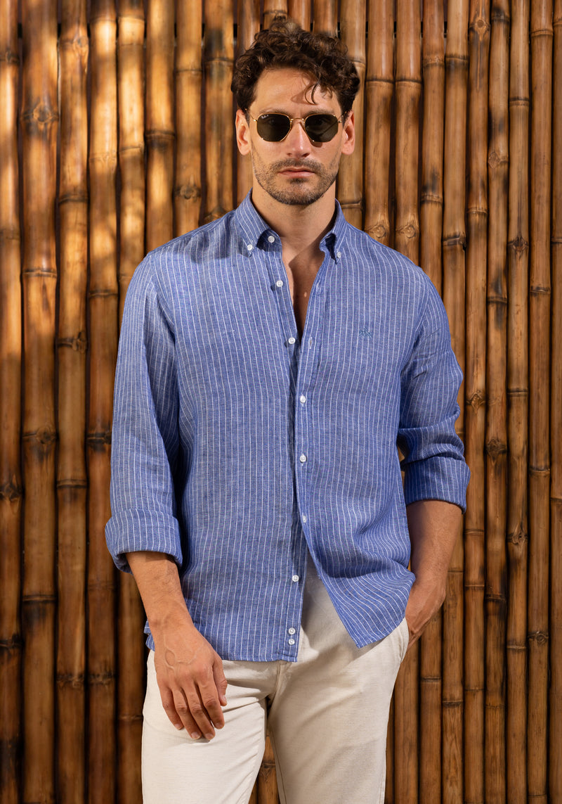 Marine Blue Stripe Belgian Linen Shirt
