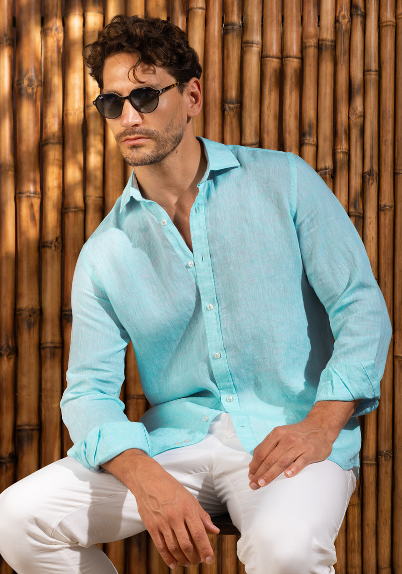Aqua Blue Belgian Linen Shirt