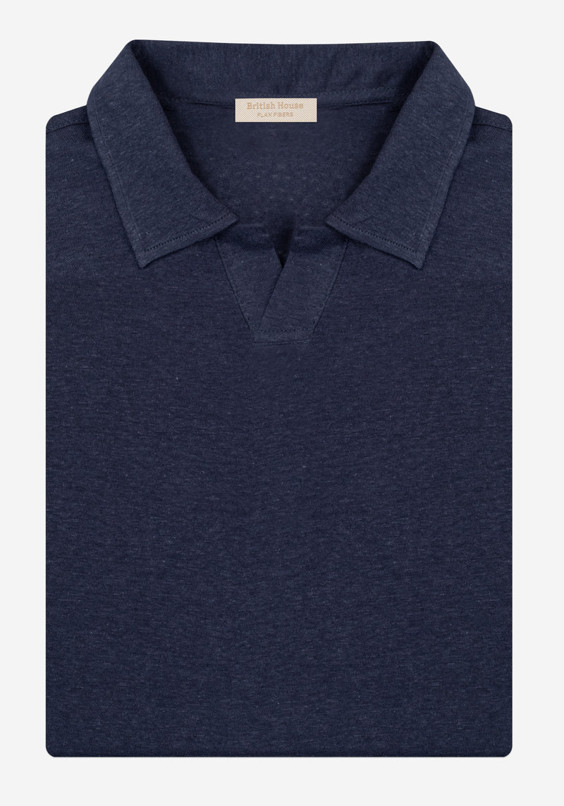 Atlantic Navy Linen-Blend V-Polo
