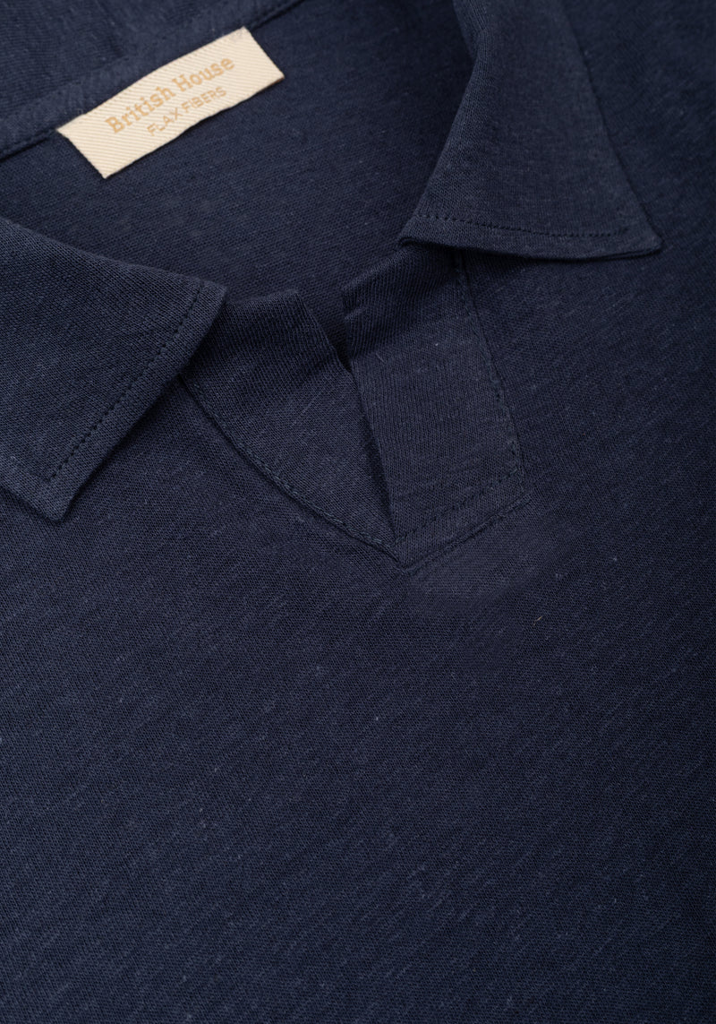 Atlantic Navy Linen-Blend V-Polo