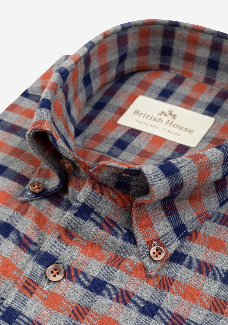 Rust Orange Navy Checked Flannel Shirt