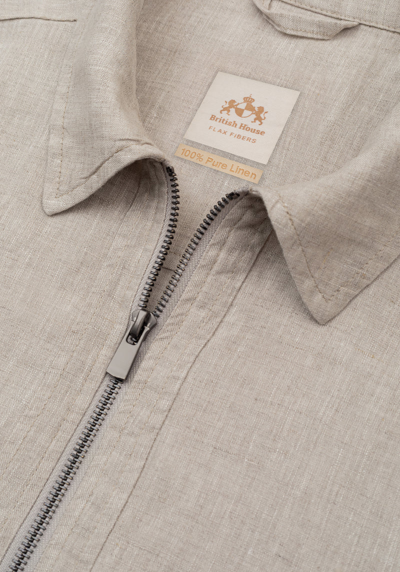 Tan Beige Pure Linen Double-Zip Jacket