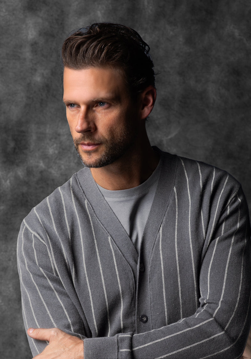 Mono Grey Stripe Merino Wool Blend Cardigan