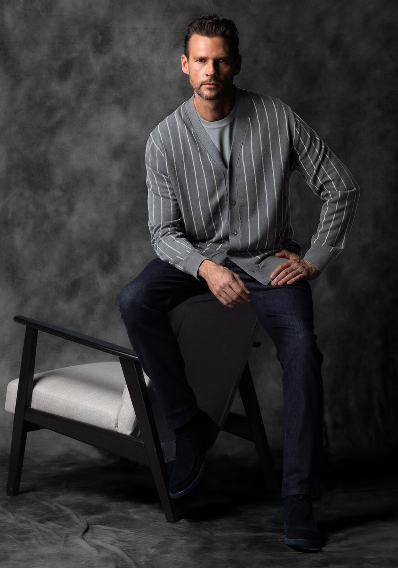 Mono Grey Stripe Merino Wool Blend Cardigan