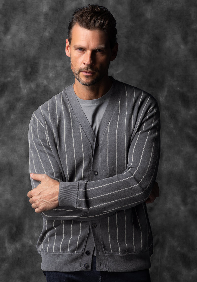 Mono Grey Stripe Merino Wool Blend Cardigan