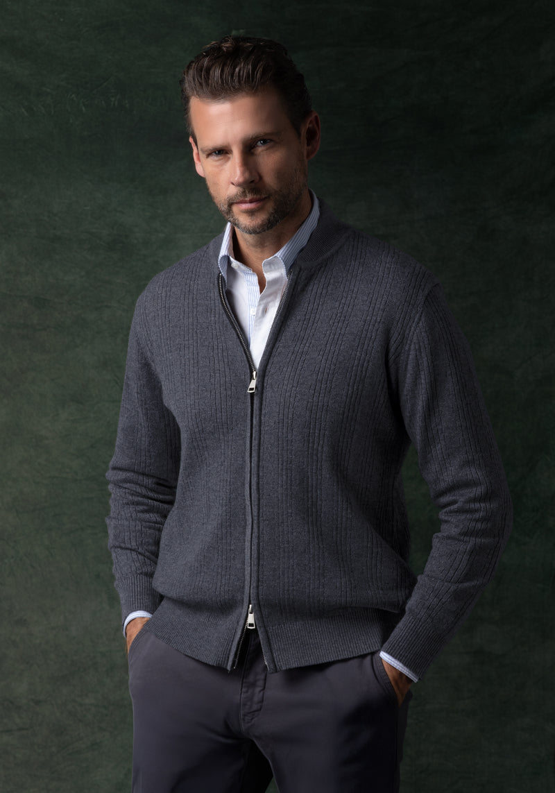 Raven Grey Double-Zipped Merino Wool Blend Pullover