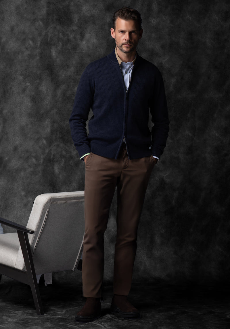Frost Navy Double-Zipped Merino Wool Blend Pullover