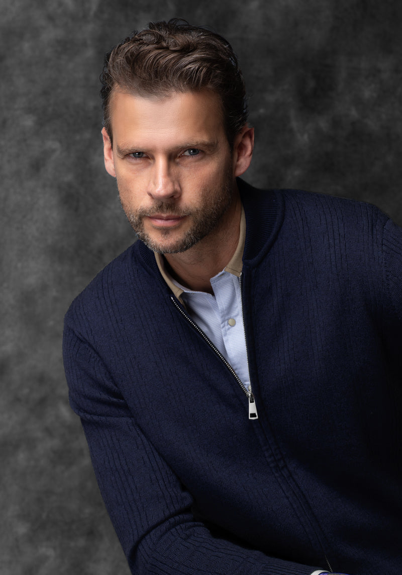 Frost Navy Double-Zipped Merino Wool Blend Pullover
