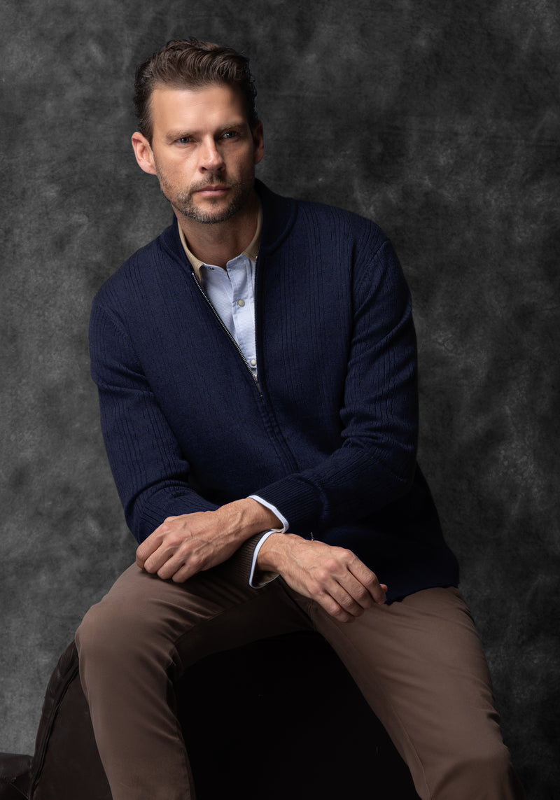 Frost Navy Double-Zipped Merino Wool Blend Pullover
