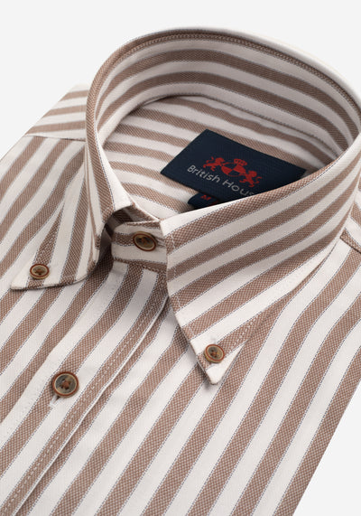 Deep Brown Stripe Two-Ply Oxford Shirt - Short Sleeve