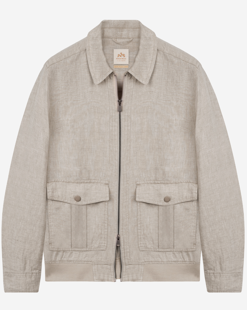 Tan Beige Pure Linen Double-Zip Jacket