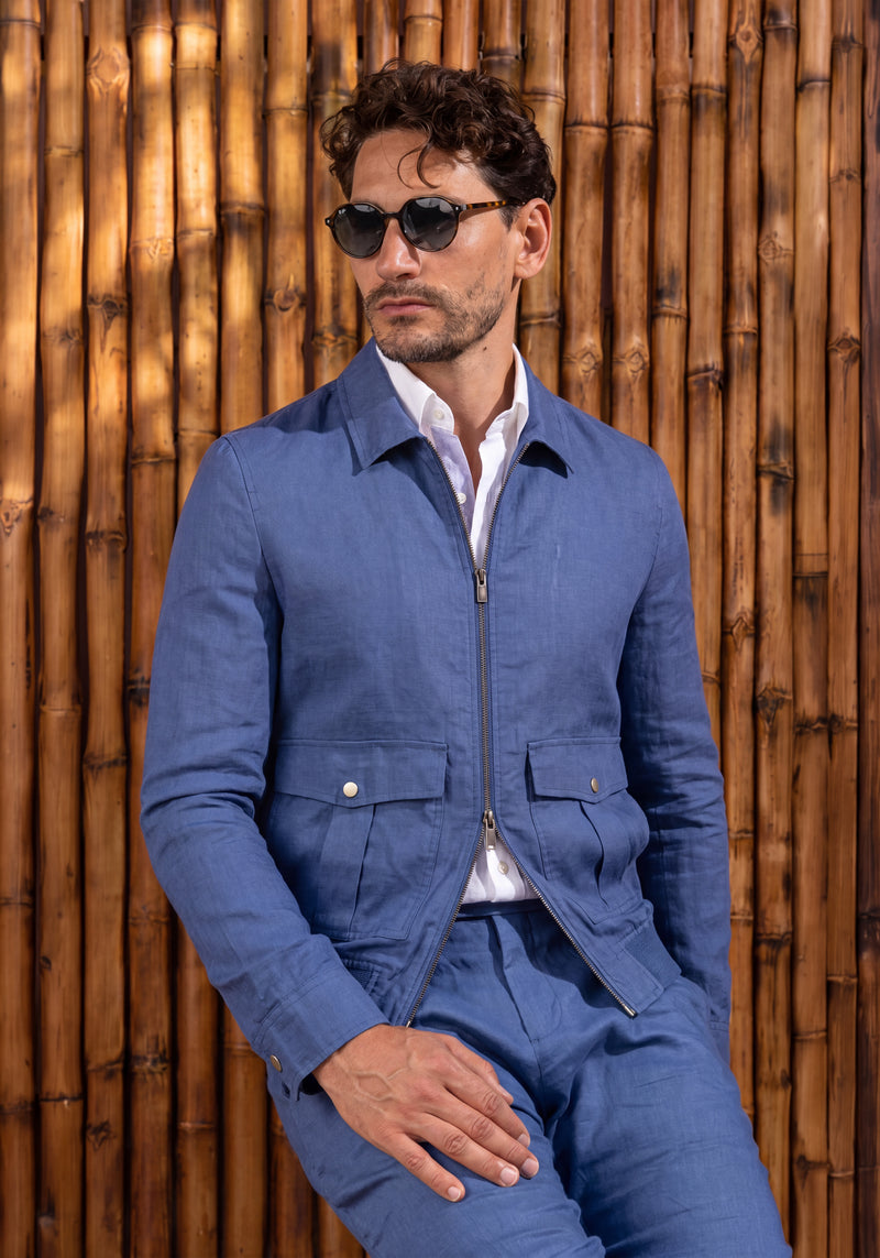 Pier Blue Pure Linen Double-Zip Jacket
