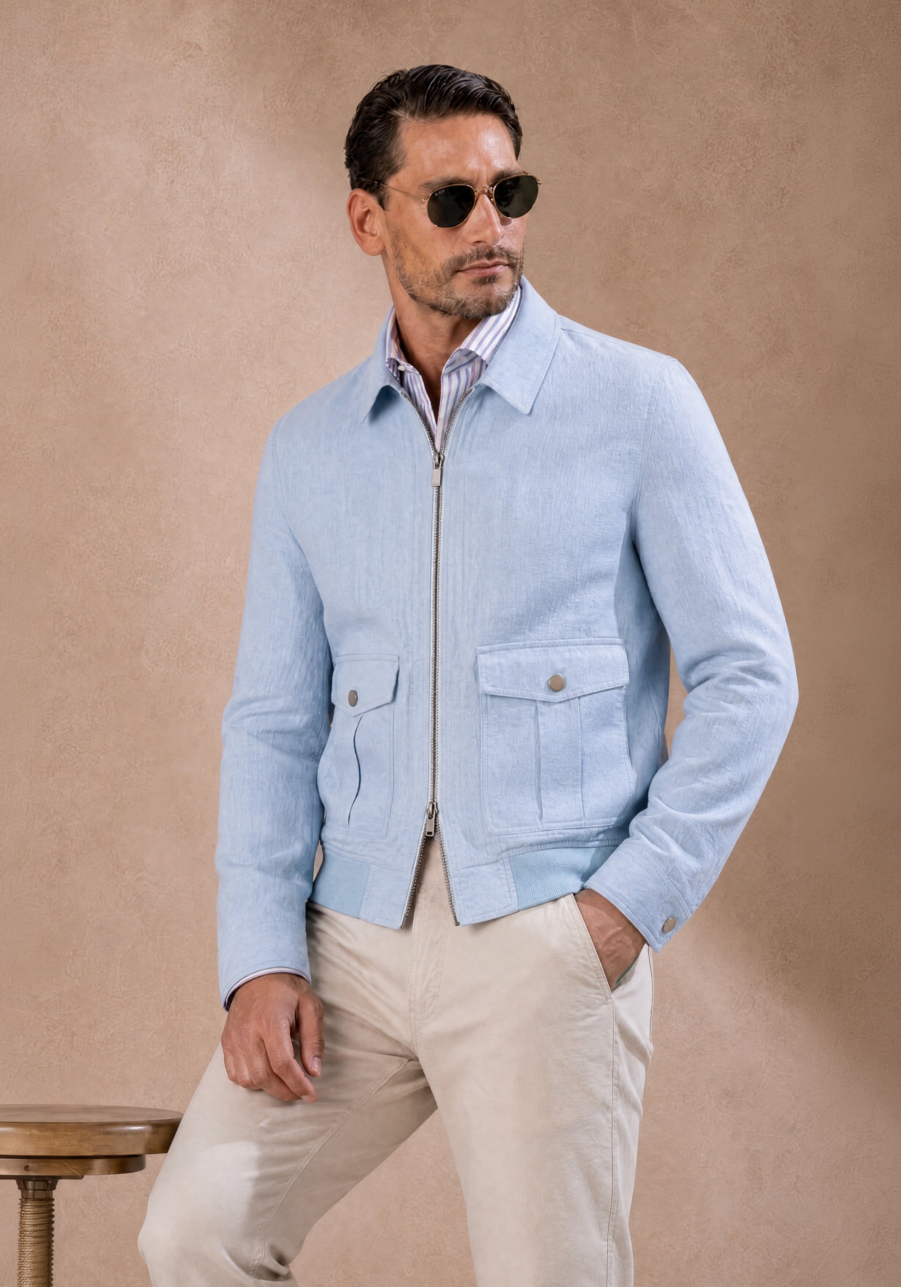 Halo Blue Pure Linen Double-Zip Jacket