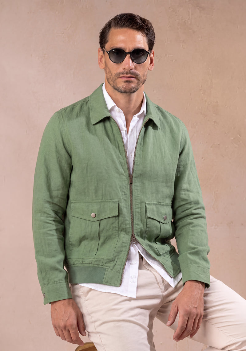 Hunter Green Pure Linen Double-Zip Jacket