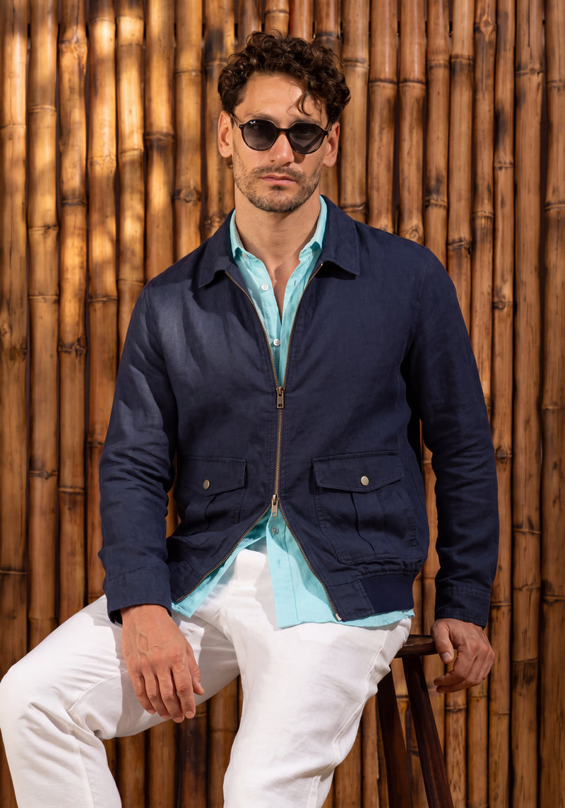 Fathom Navy Pure Linen Double-Zip Jacket
