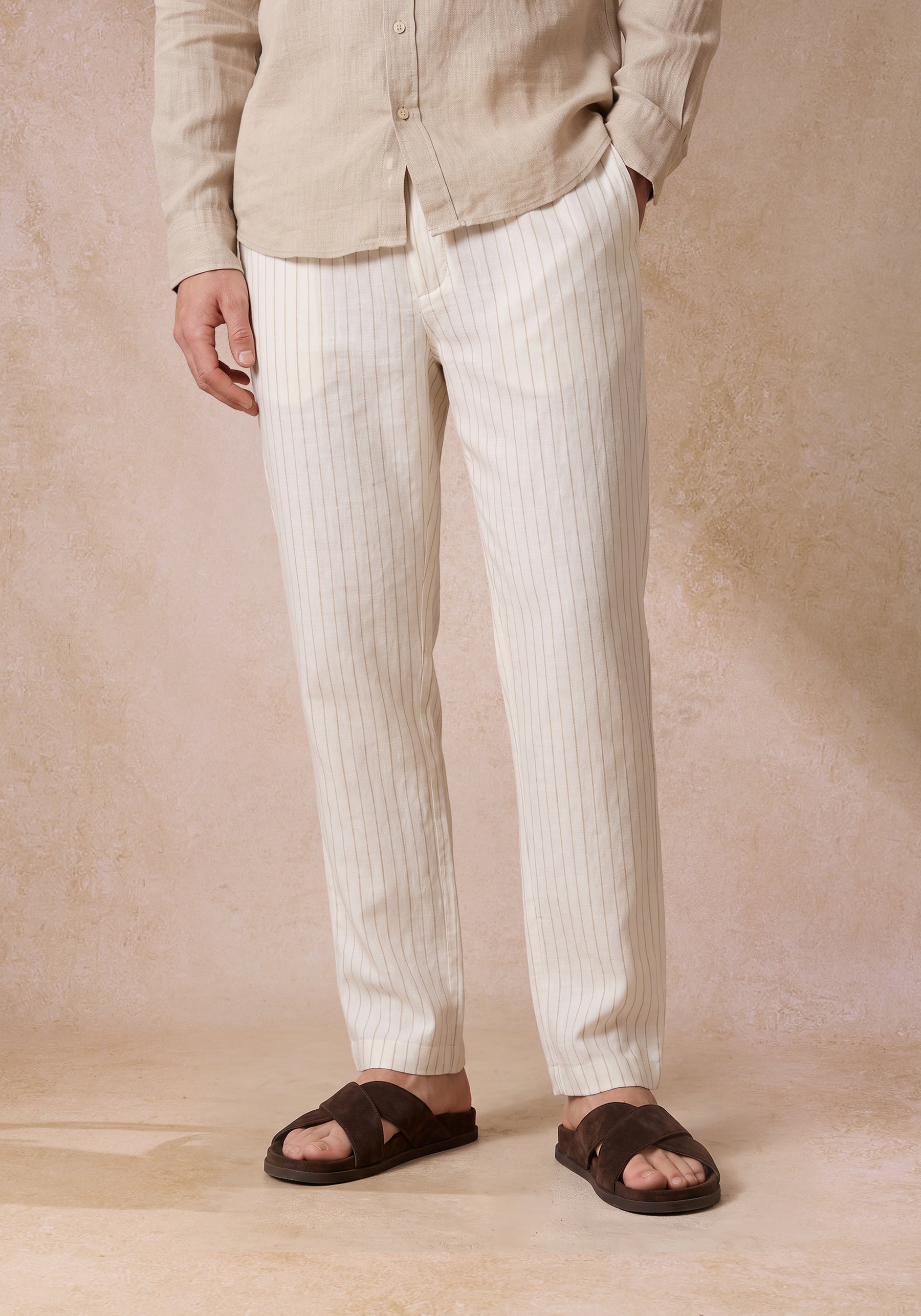 Resort Beige Stripe Cotton Tencel Linen Pants