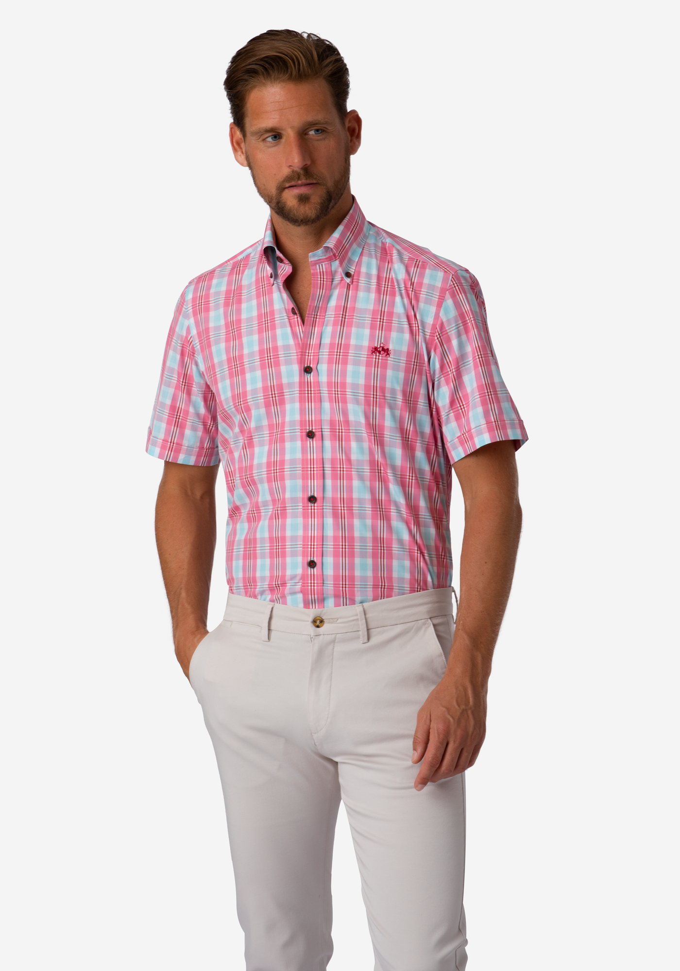 Pink Cyan Checked Poplin Shirt - Short Sleeve