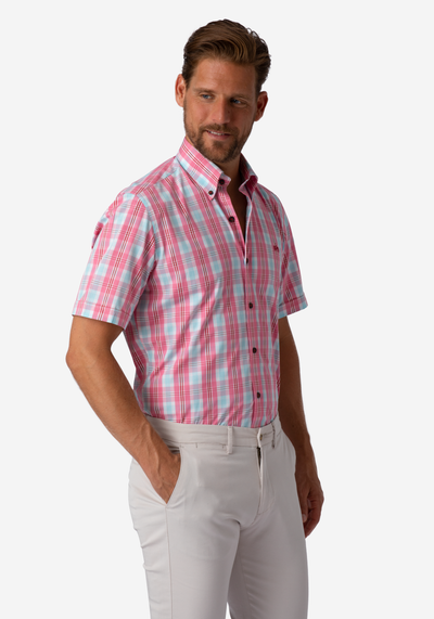 Pink Cyan Checked Poplin Shirt - Short Sleeve