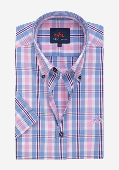 Sky Blue Rose Checked Poplin Shirt - Short Sleeve