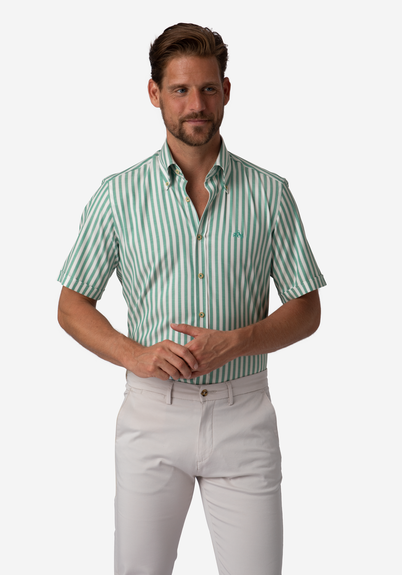 Cactus Green Stripe Basket Weave Shirt - Short Sleeve