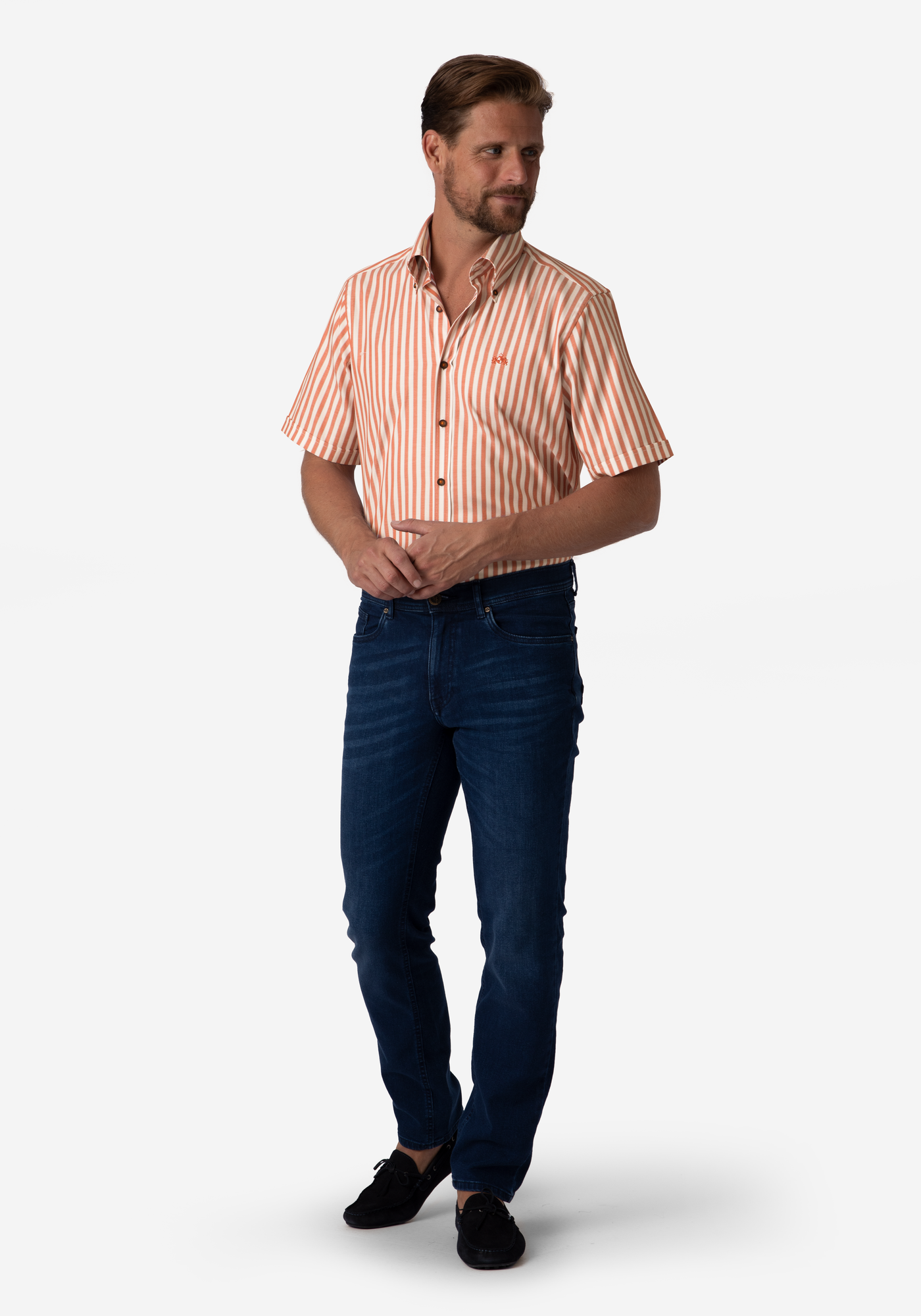 Solar Orange Stripe Two-Ply Oxford Shirt - Short Sleeve