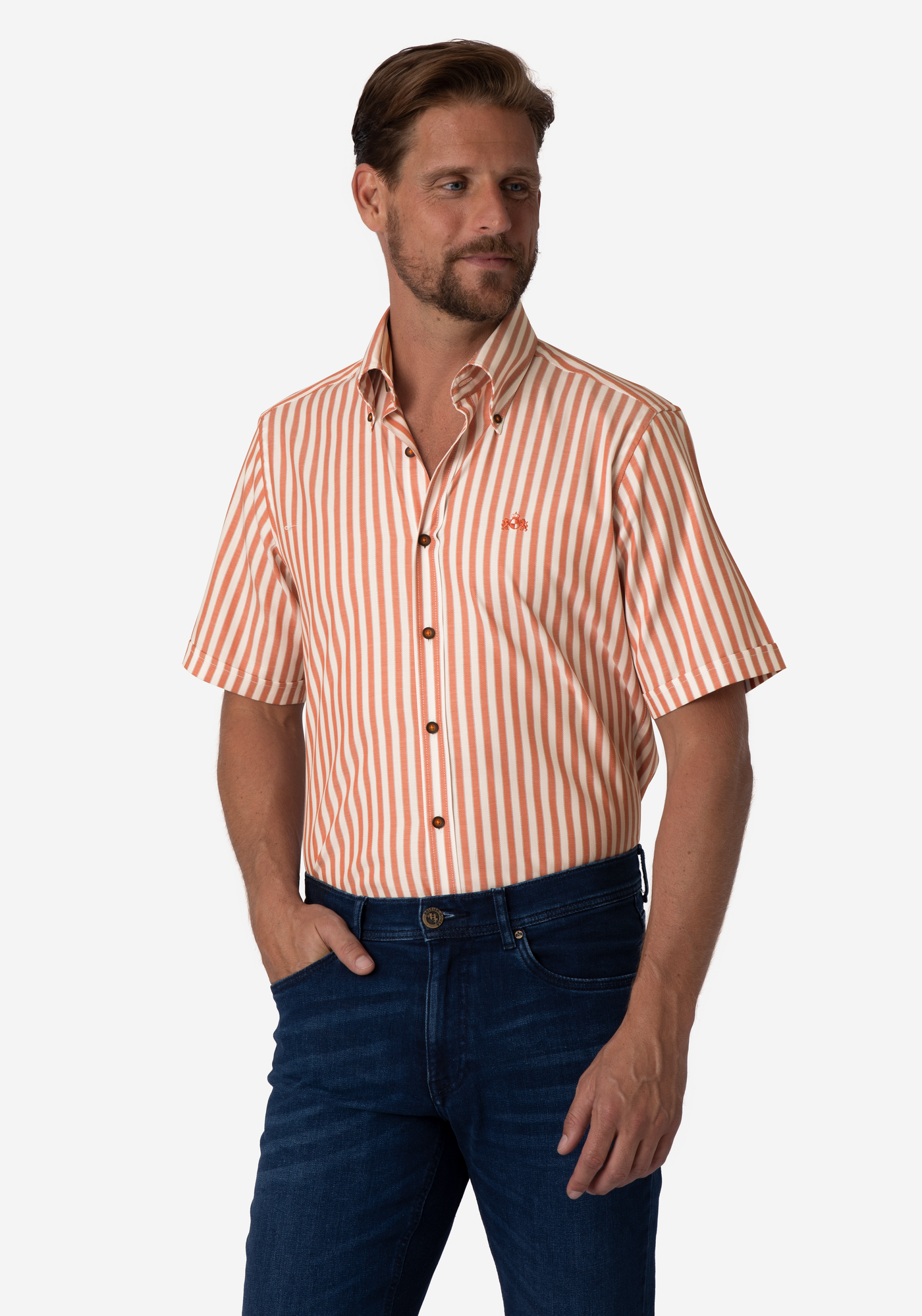 Solar Orange Stripe Two-Ply Oxford Shirt - Short Sleeve