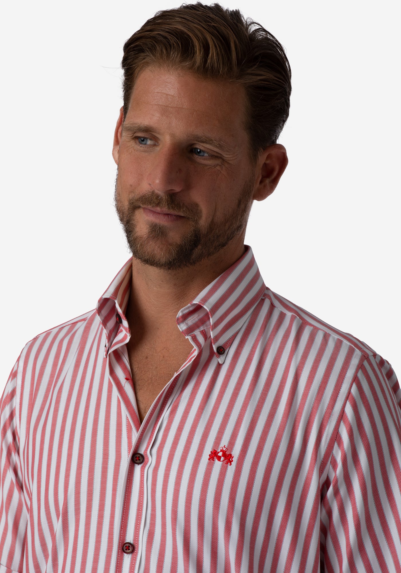 Candy Red Stripe Basket Weave Shirt - Short Sleeve