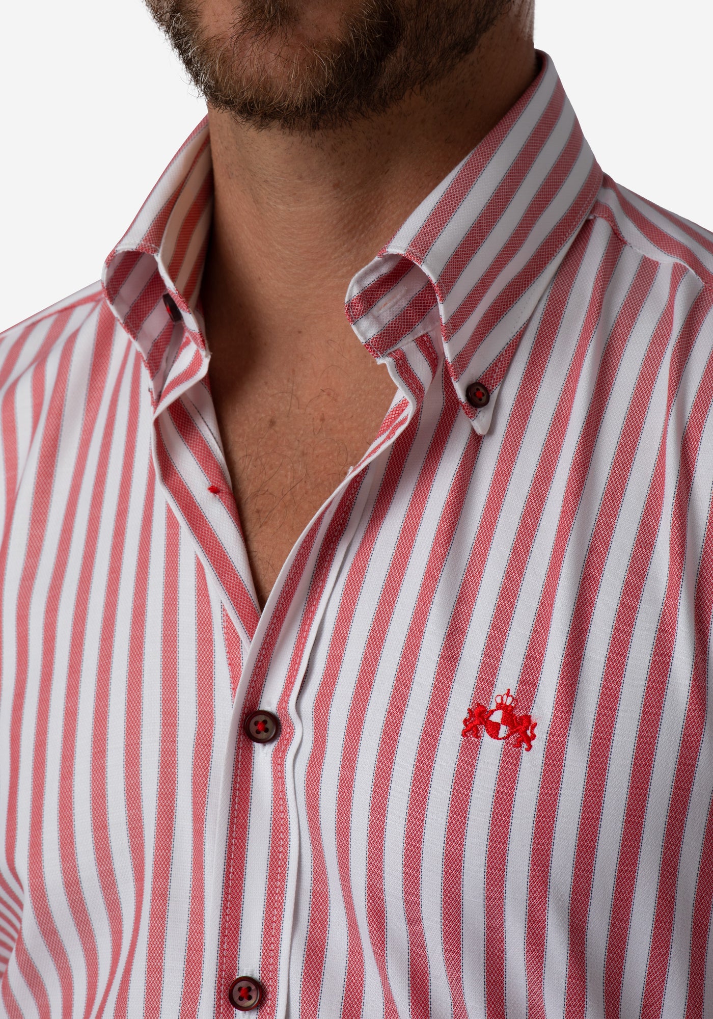 Candy Red Stripe Basket Weave Shirt - Short Sleeve