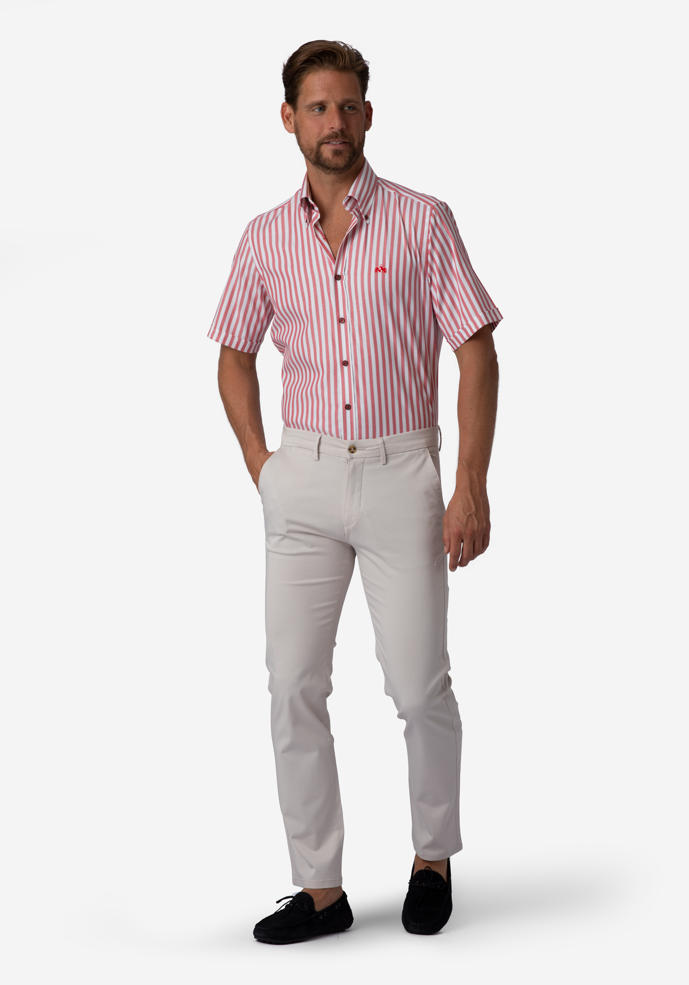 Candy Red Stripe Two-Ply Oxford Shirt - Short Sleeve