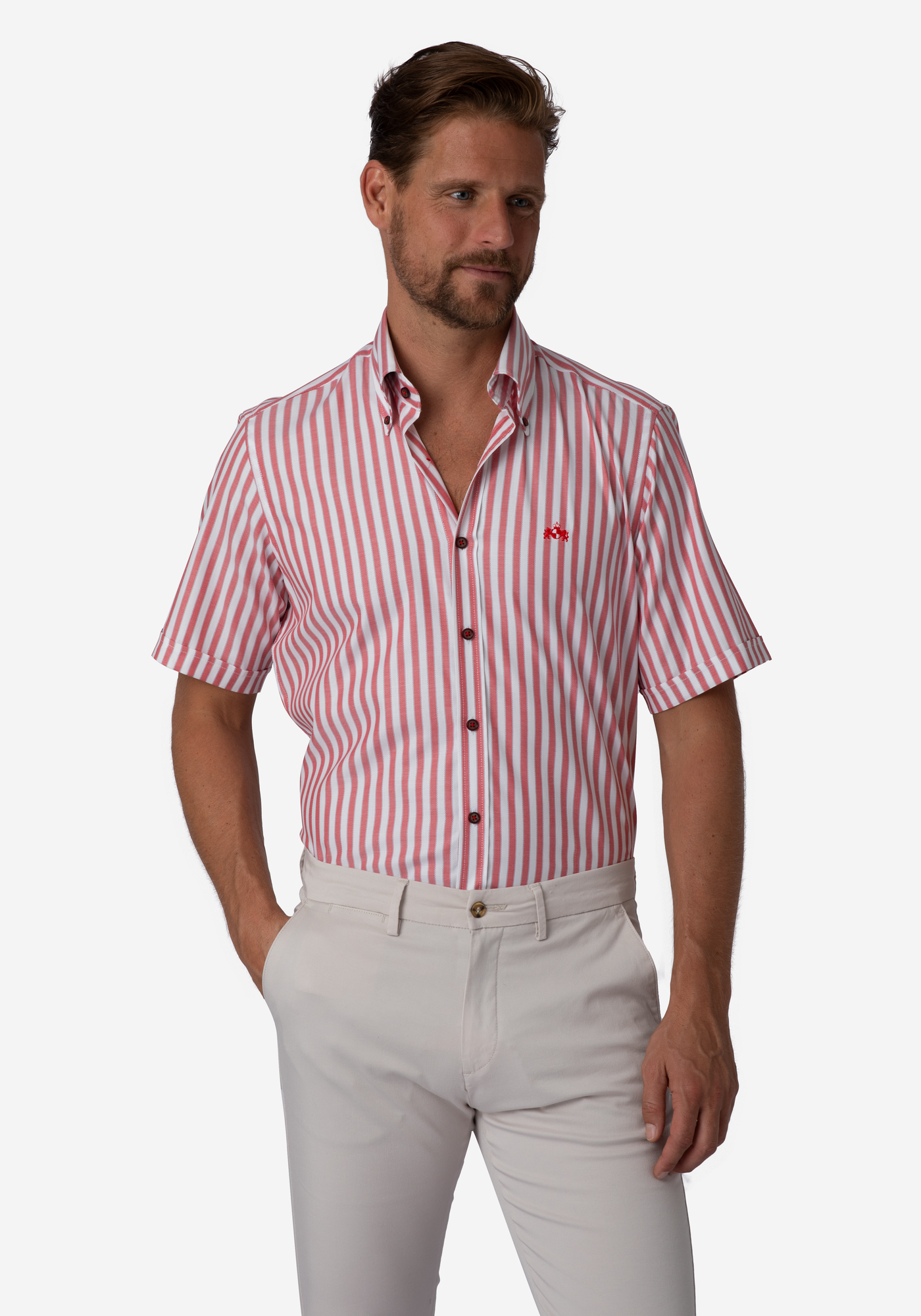 Candy Red Stripe Basket Weave Shirt - Short Sleeve