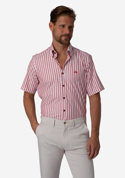 Candy Red Stripe Basket Weave Shirt - Short Sleeve