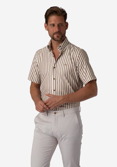 Deep Brown Stripe Basket Weave Shirt - Short Sleeve