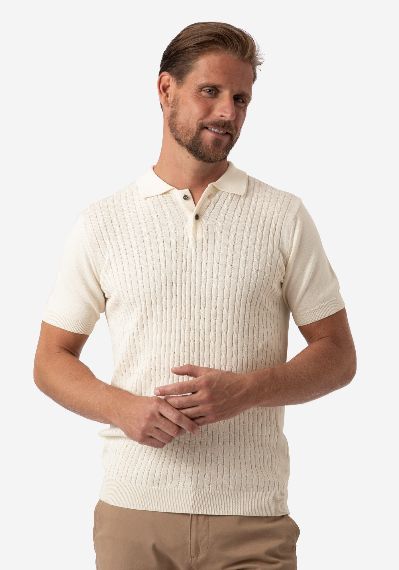 Pearl White Braided Knitted Polo Shirt