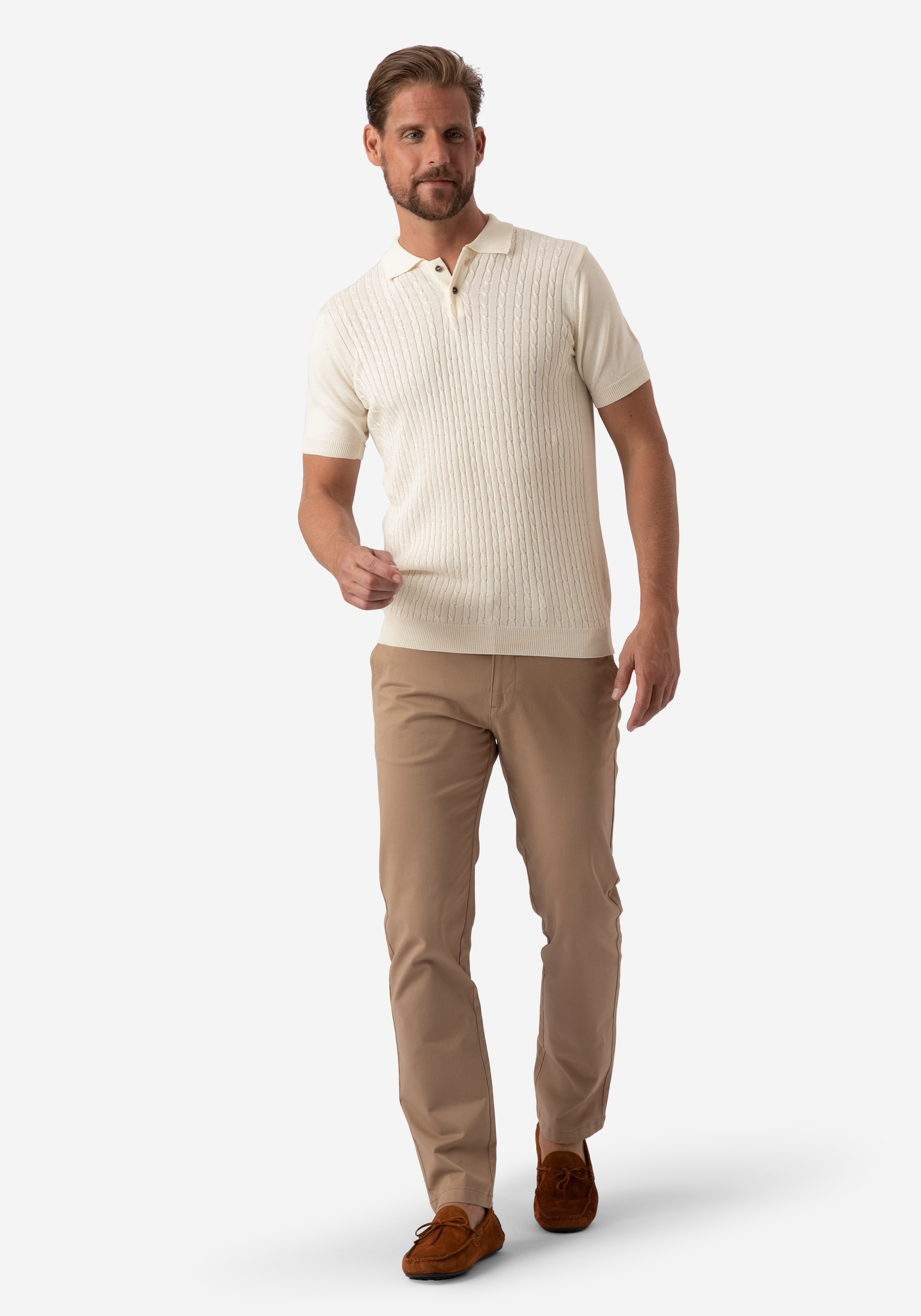 Pearl White Braided Knitted Polo Shirt