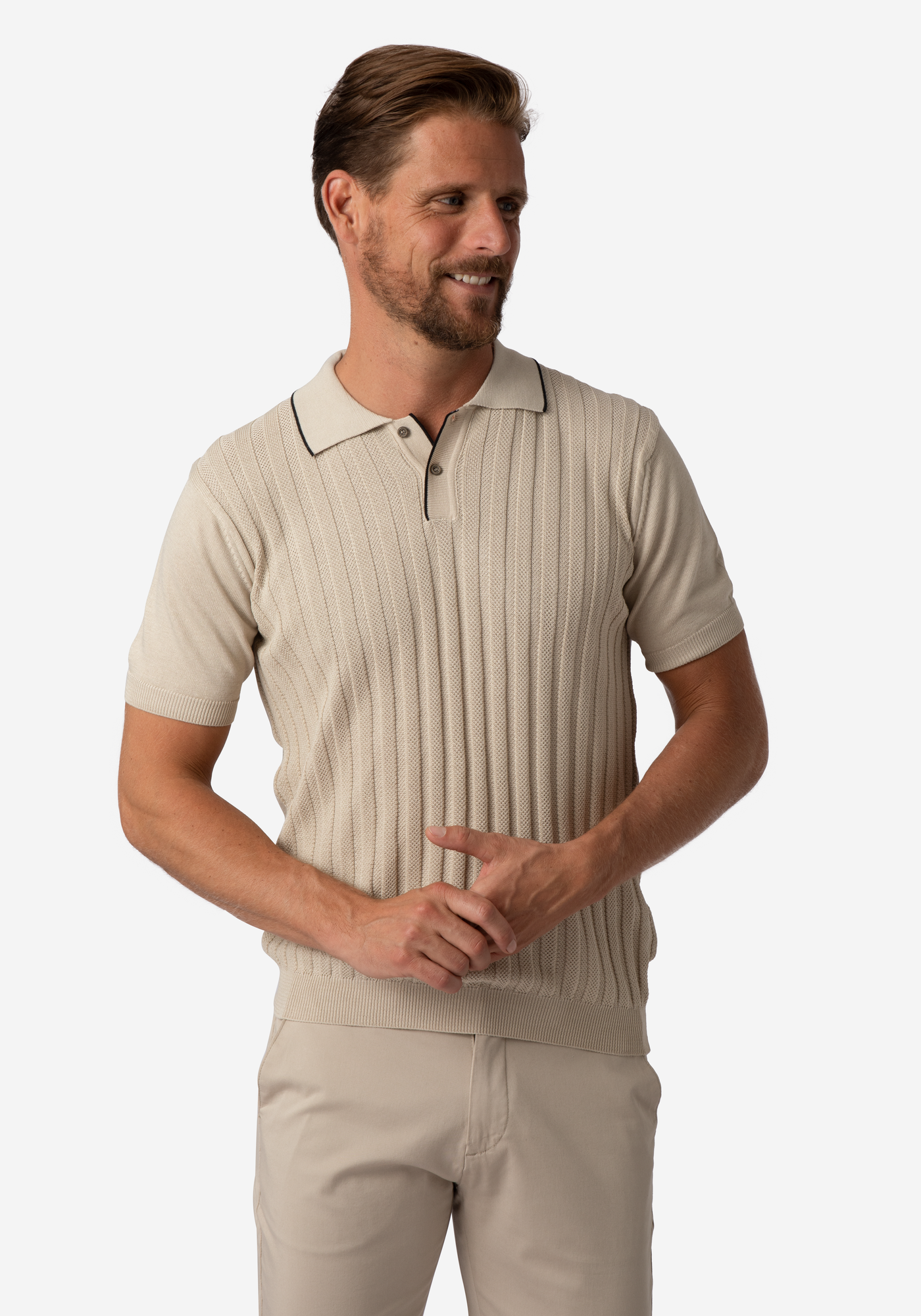 Toffee Beige Stripe Knitted Polo Shirt