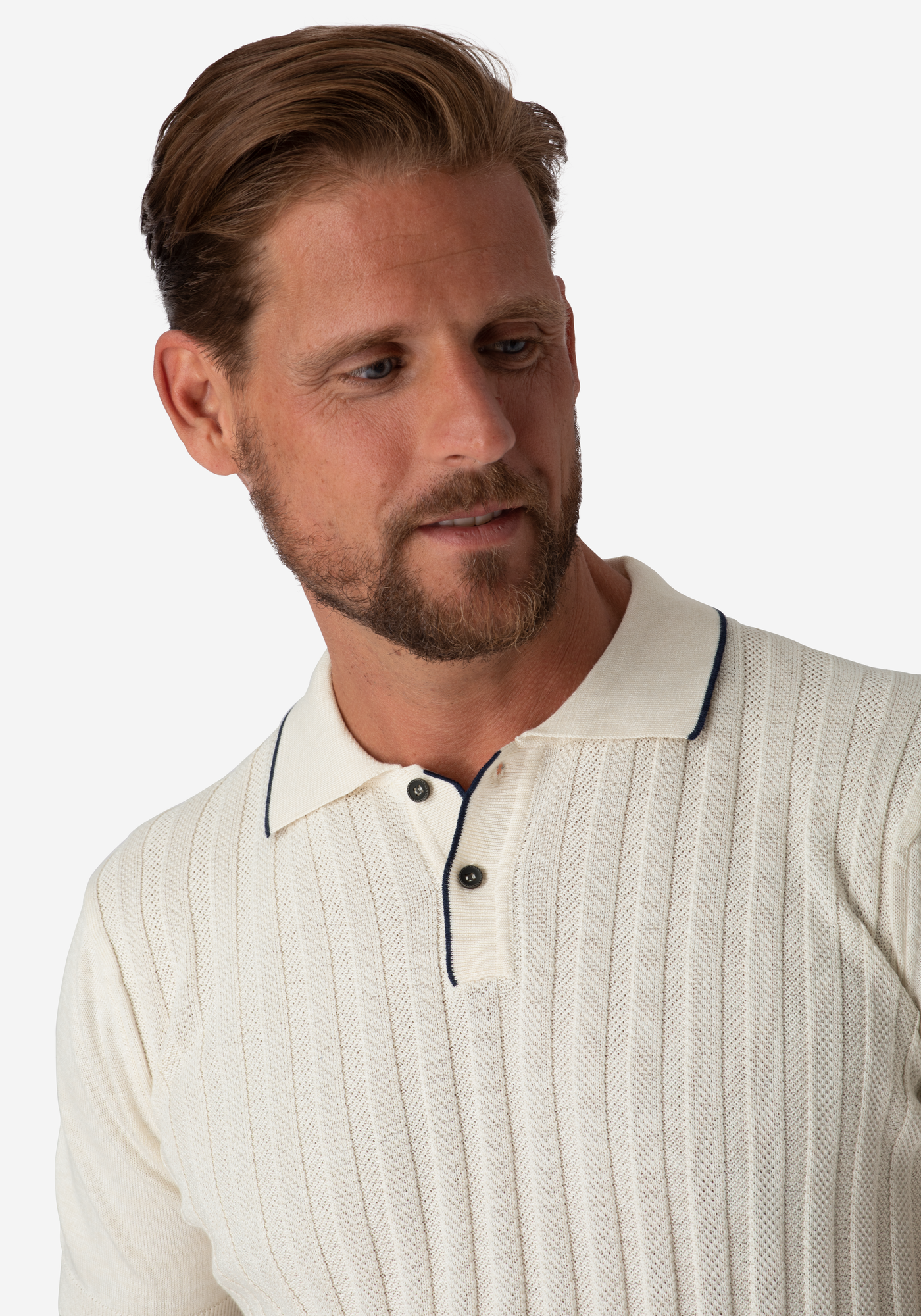 Creamy White Stripe Knitted Polo Shirt