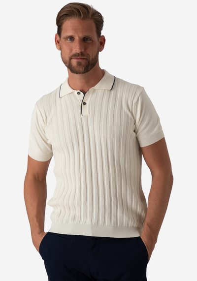 Creamy White Stripe Knitted Polo Shirt