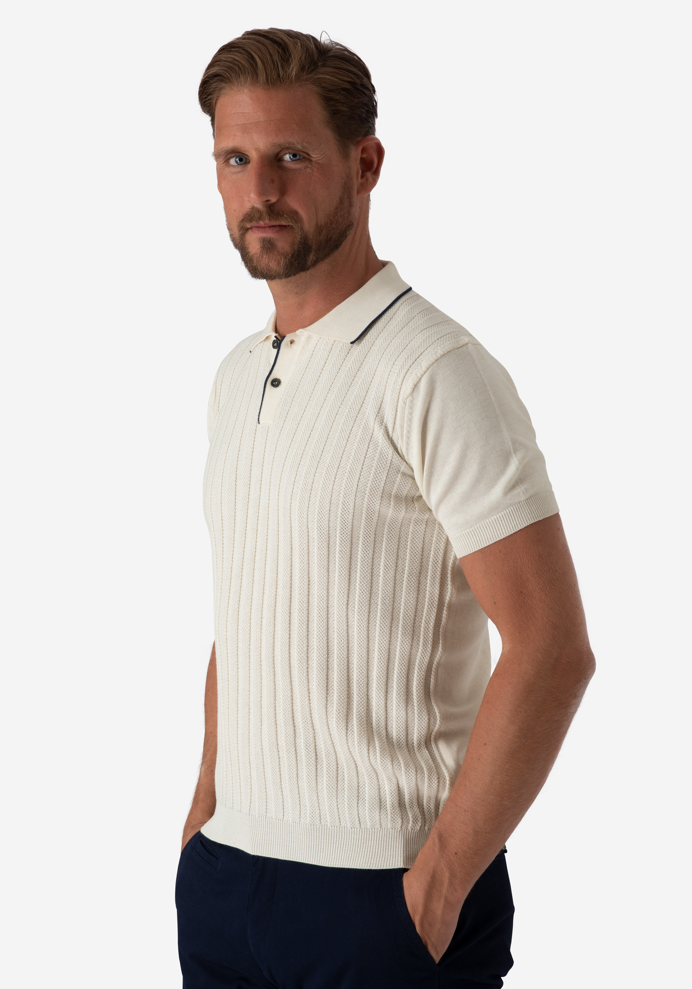 Creamy White Stripe Knitted Polo Shirt