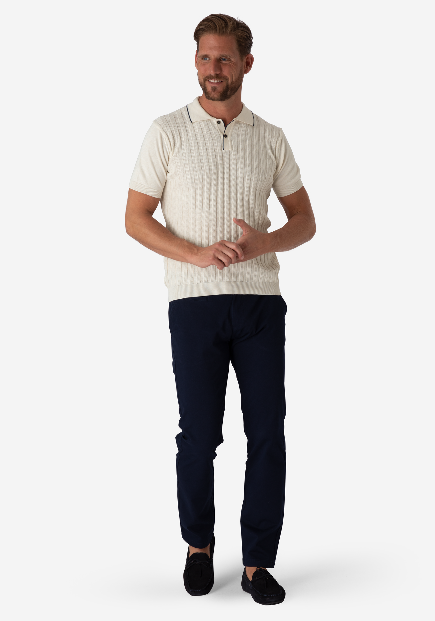 Creamy White Stripe Knitted Polo Shirt