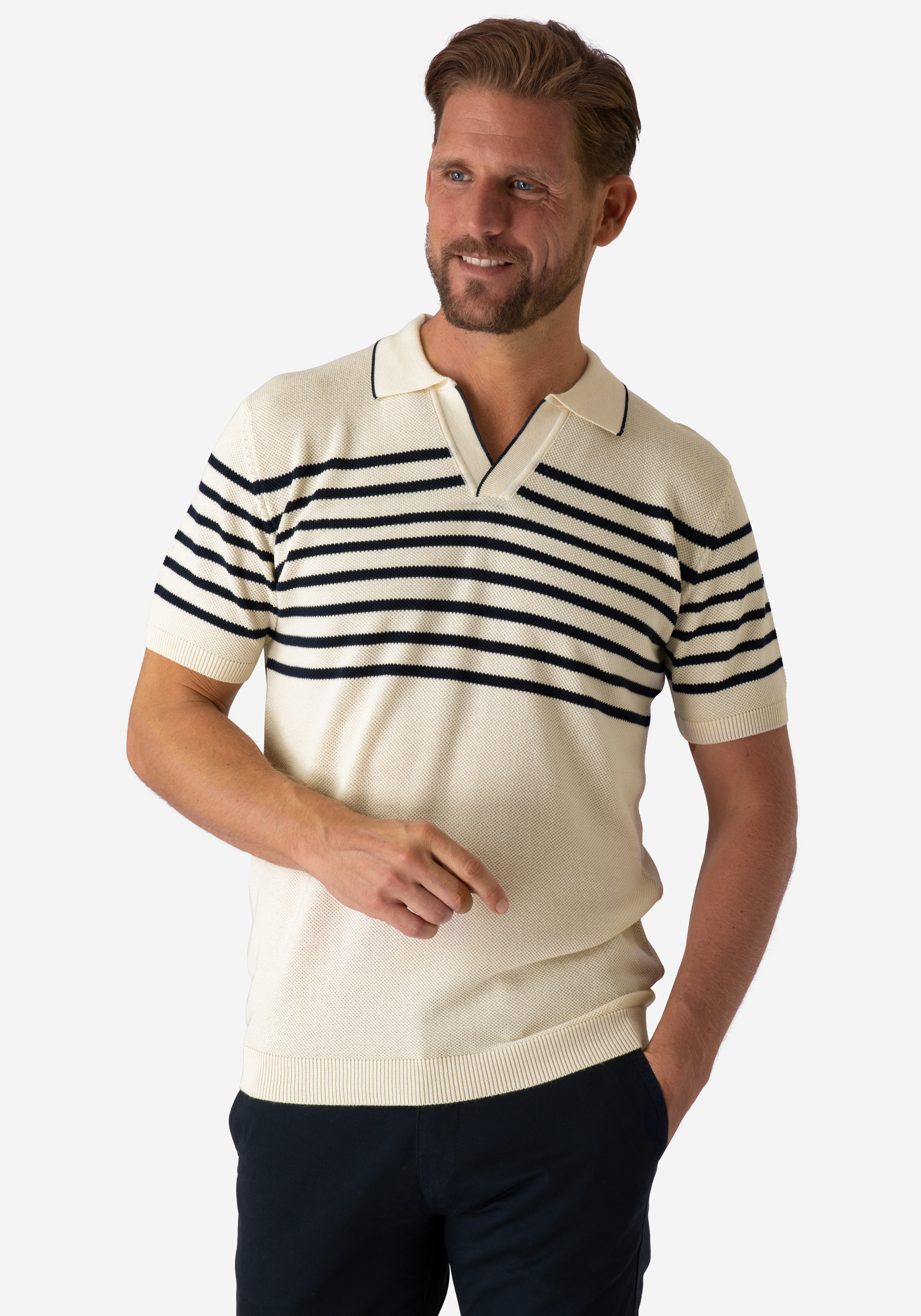Ivory White Stripe Knitted Polo Shirt