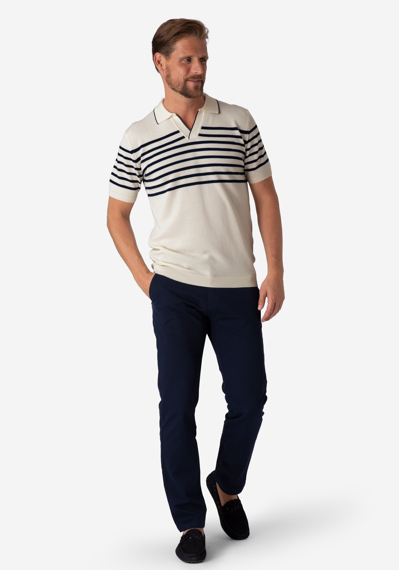 Ivory White Stripe Knitted Polo Shirt