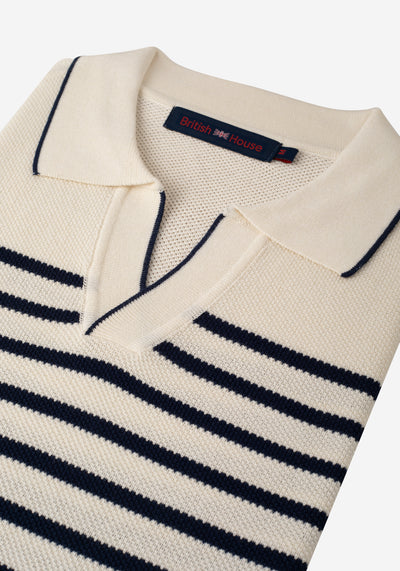 Ivory White Stripe Knitted Polo Shirt