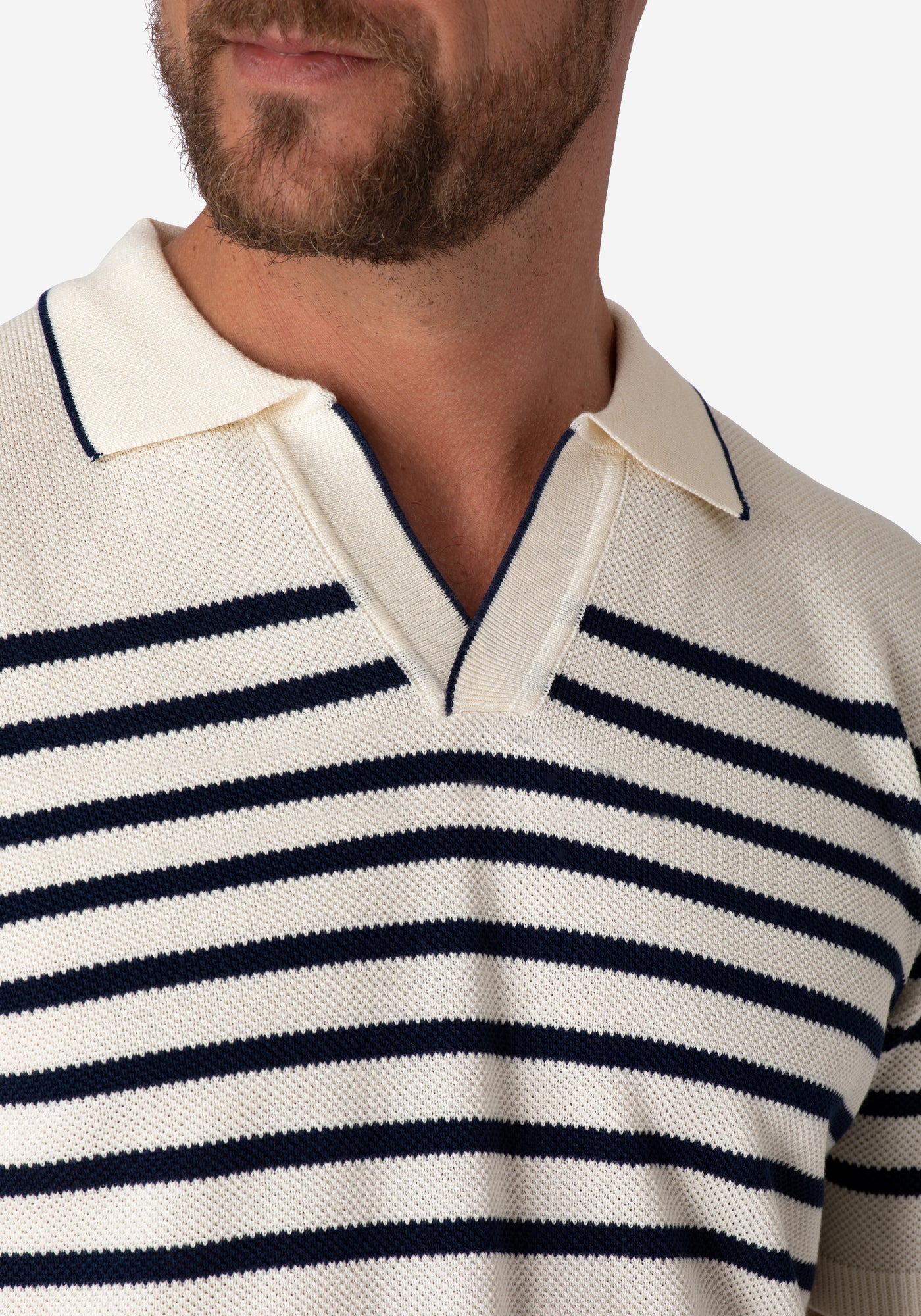 Ivory White Stripe Knitted Polo Shirt