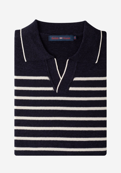 Ink Blue Stripe Knitted Polo Shirt