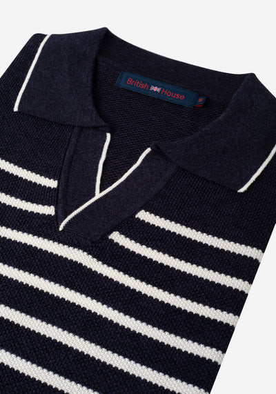 Ink Blue Stripe Knitted Polo Shirt